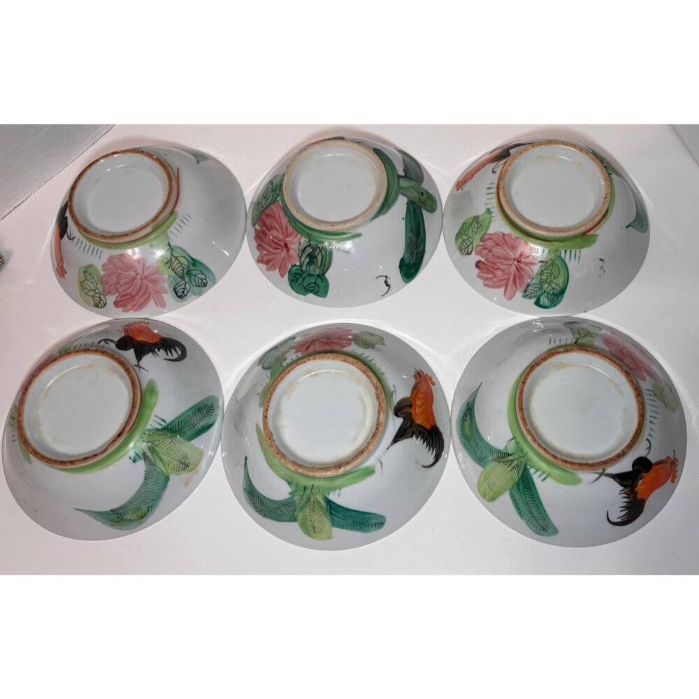 Vintage Chinese Hand Painted Rooster Porcelain Noodle Bowls 6.75” - Picture 9 of 9